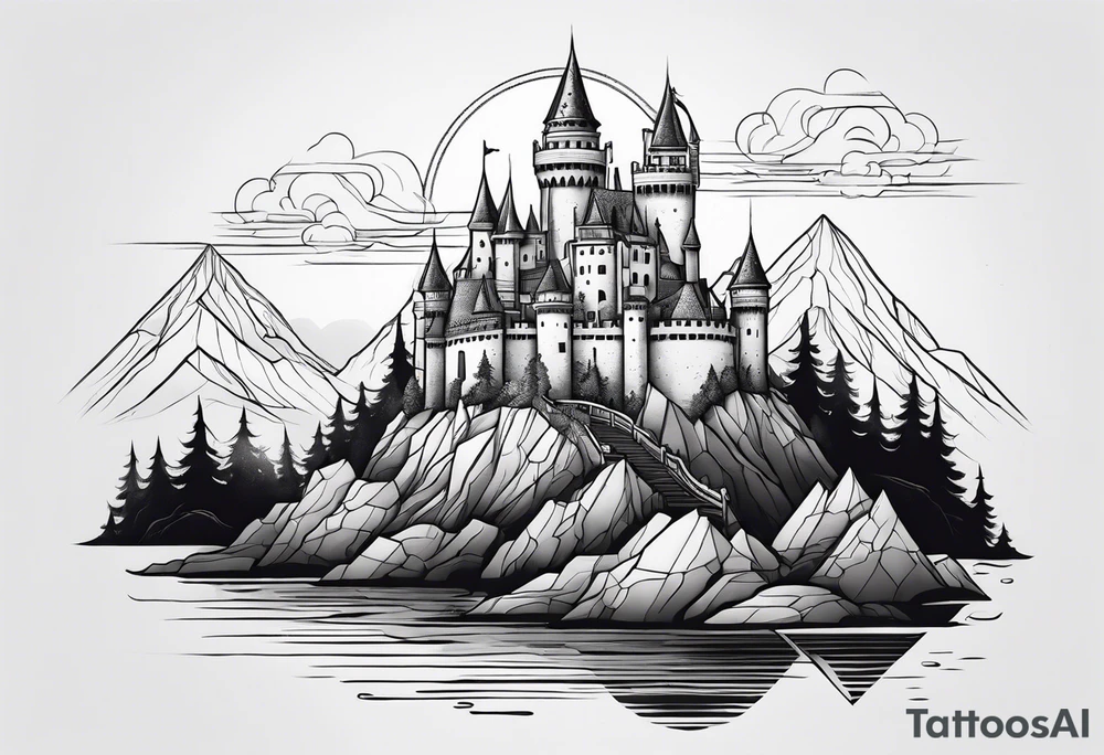 Blackwork castle in fantasy landscape tattoo idea