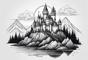 Blackwork castle in fantasy landscape tattoo idea