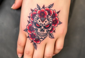 Japanese mask, which is covered with flowers of death according to Japanese mythology tattoo idea