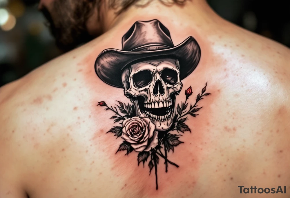 skeleton cowboy with rose in teeth tattoo idea