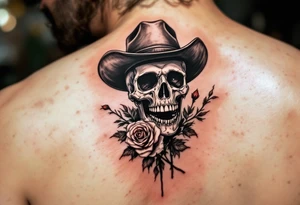 skeleton cowboy with rose in teeth tattoo idea