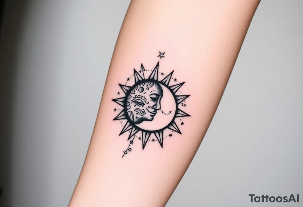 celestial sun and moon embrace with constellation patterns tattoo idea