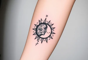 celestial sun and moon embrace with constellation patterns tattoo idea