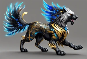 black cyber matallic griffin with golden and silver accents and blue neon tattoo idea