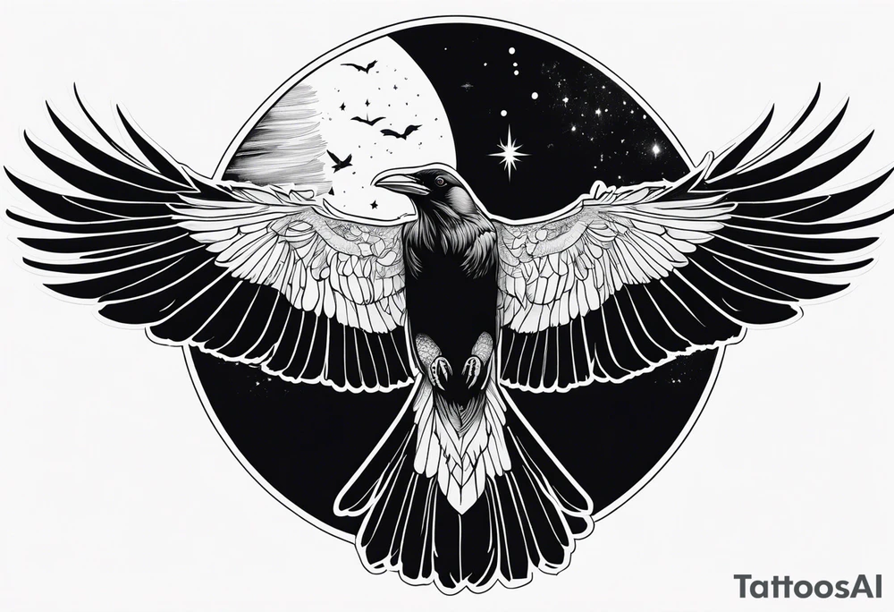 Raven diving, occult, mystical, knowing, light behind its eyes, ethereal, night sky and trees in the background tattoo idea