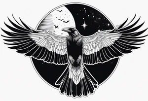 Raven diving, occult, mystical, knowing, light behind its eyes, ethereal, night sky and trees in the background tattoo idea