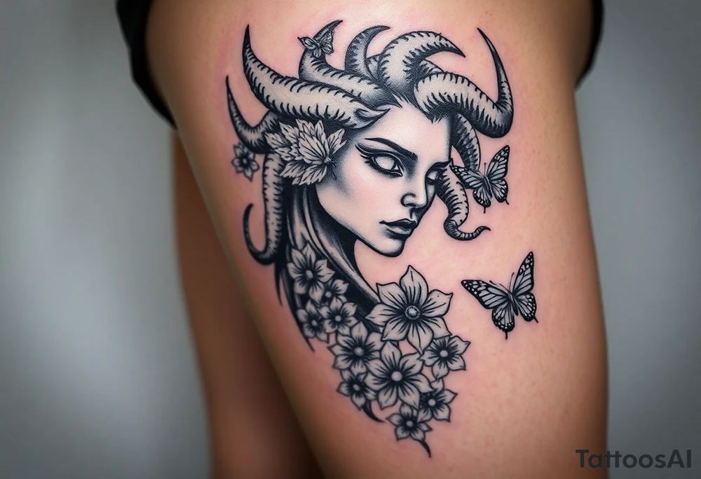 Medusa tattoo, she is standing on the side turning her head against the front with her White eyes! Flowers and butterflyes stouby her tattoo idea