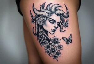 Medusa tattoo, she is standing on the side turning her head against the front with her White eyes! Flowers and butterflyes stouby her tattoo idea