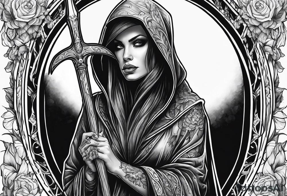 Full body of a Female grim reaper tattoo idea