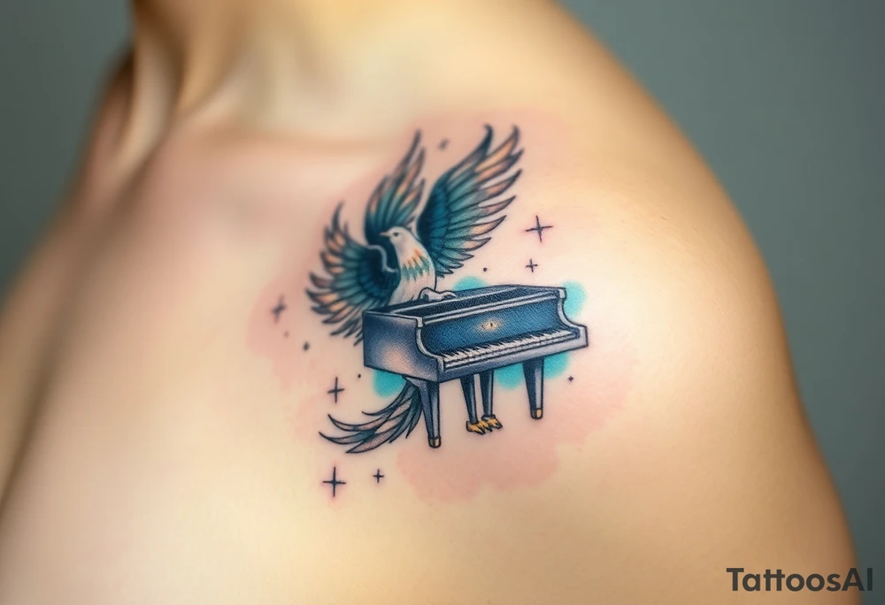 phoenix being reborn from a grand piano under the stars tattoo idea