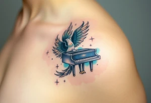 phoenix being reborn from a grand piano under the stars tattoo idea