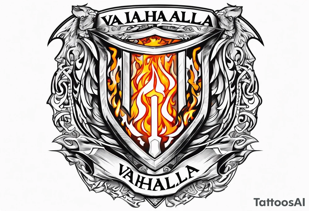 Valhalla on fire shield sword tattoo idea