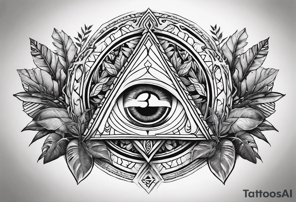 arm sleeve tattoo with Viking compas and all-seeing eye with jungle plants tattoo idea