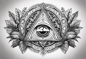arm sleeve tattoo with Viking compas and all-seeing eye with jungle plants tattoo idea