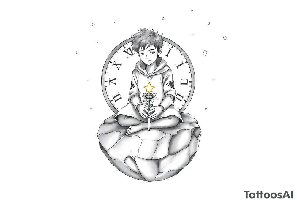 A reimagined masculine version of The Little Prince sitting on a cracked, floating planet. He has a calm, contemplative expression, wearing a slightly worn cloak with geometric markings. Behind him floats a broken clock with exposed gears, representing anxiety and overthinking. Instead of a rose, a flower wraps around a sword stuck into the ground—symbolizing love and emotional struggle. A glowing star burns in his chest, symbolizing inner strength and controlled passion. Around him are small floating fragments, like puzzle pieces or mechanical parts—representing deep thought and attention to detail. The sky shows incomplete constellations, symbolizing the search for connection and meaning. Style: fine line with surrealist touches, black and grey, minimalist shading. tattoo idea