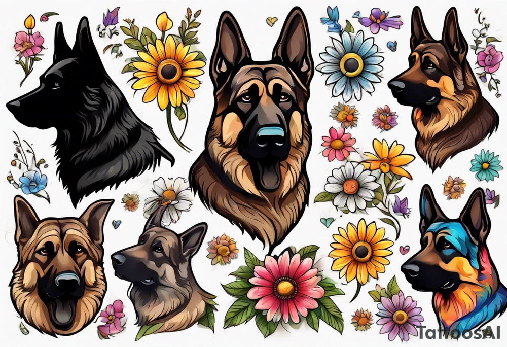 Dark Brown German shepherd portrait surrounded by  colorful daisies tattoo idea