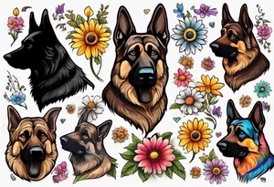 Dark Brown German shepherd portrait surrounded by  colorful daisies tattoo idea