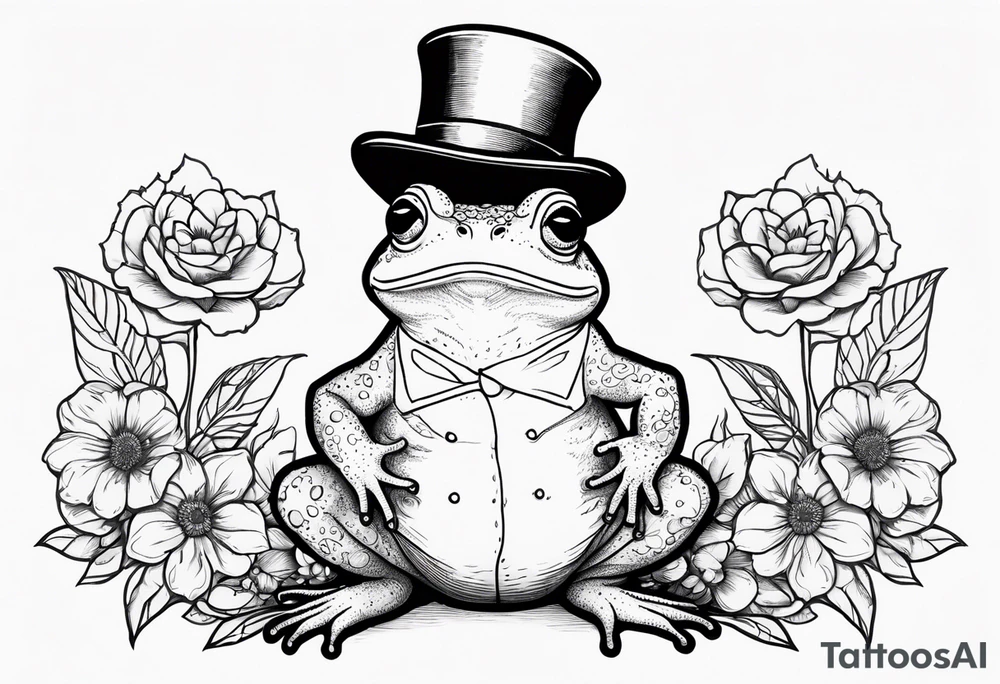 Cute toad wearing top hat and a suit standing on its Back legs while holding flowers tattoo idea