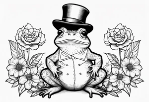 Cute toad wearing top hat and a suit standing on its Back legs while holding flowers tattoo idea
