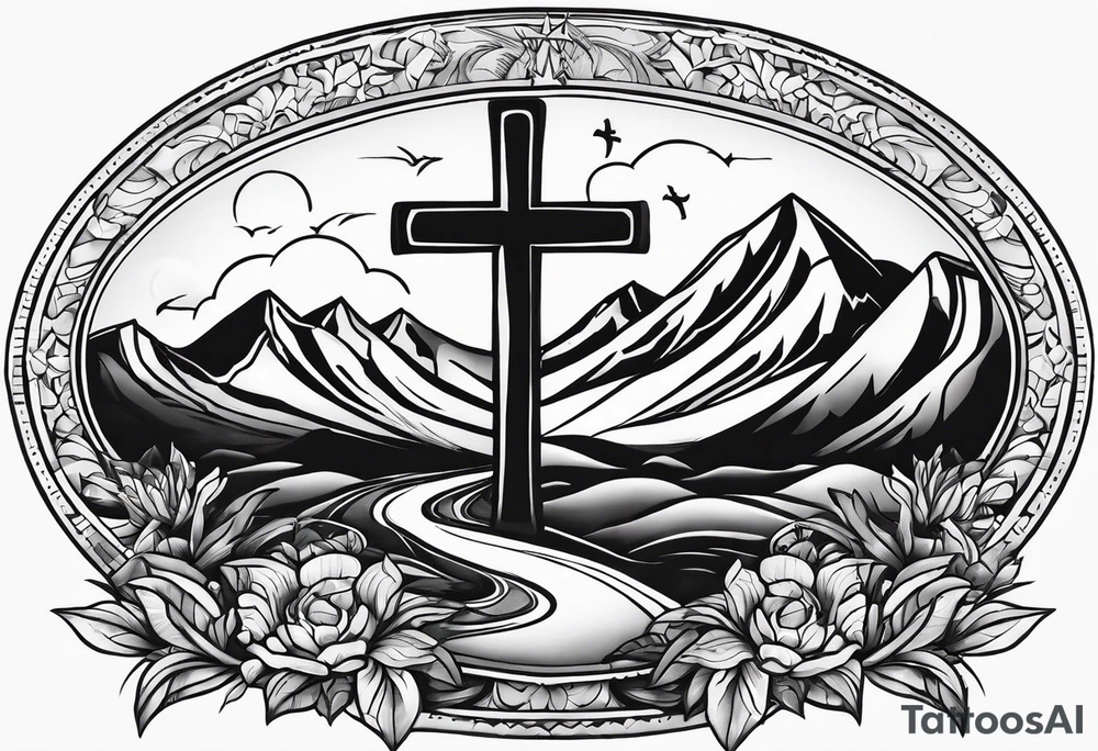 Cross with Mountains and the word "Cala" that is simple and small tattoo idea