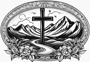 Cross with Mountains and the word "Cala" that is simple and small tattoo idea