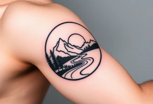 mountains. river and sunrise, let it all be inside one circle. draw a line and divide the circle into two parts, let one part be like day and the other part like night tattoo idea