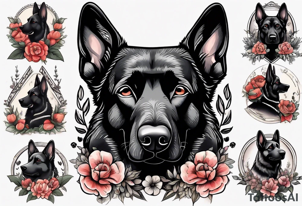 Black German shepherd portrait with flowers tattoo idea