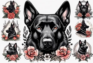 Black German shepherd portrait with flowers tattoo idea