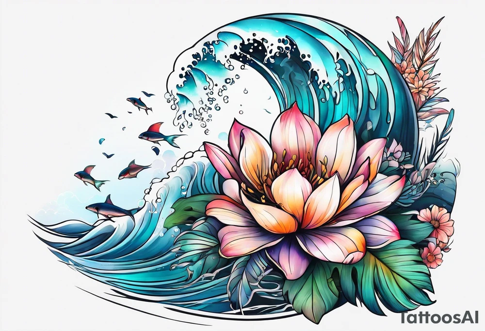 sea,, night, flower, palm, tattoo idea