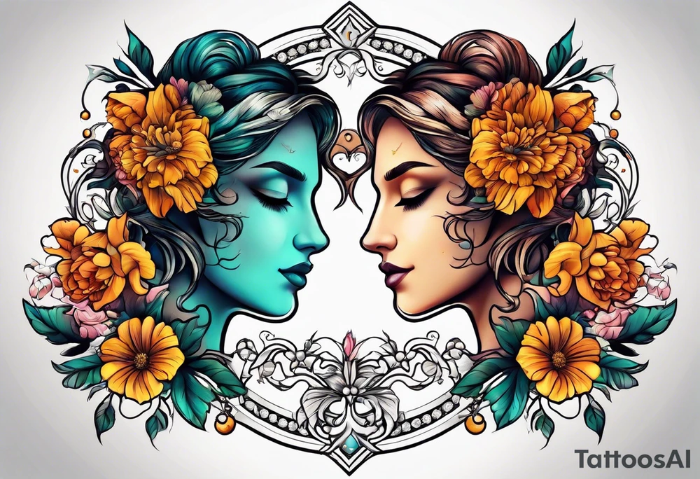 Gemini symbol with flowers tattoo idea