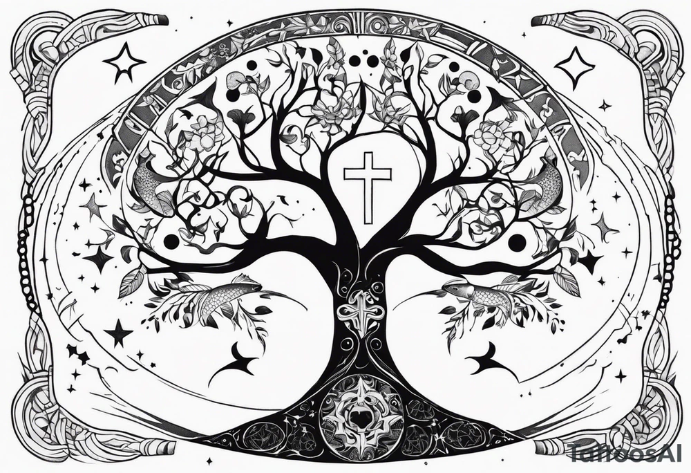 tree of life with 2 pisces fish a cross surrounded by stars and planets tattoo idea