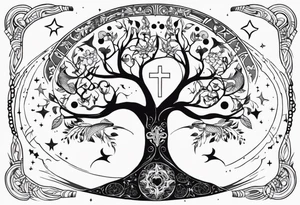 tree of life with 2 pisces fish a cross surrounded by stars and planets tattoo idea