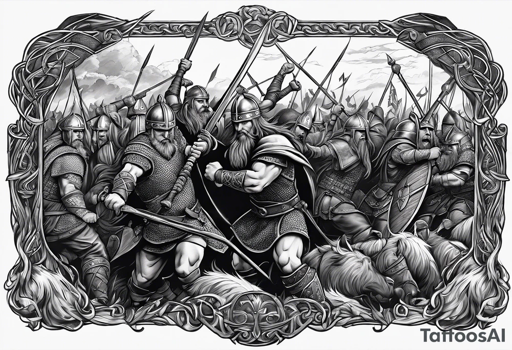 realistic Viking battle scene to go on a back tattoo idea