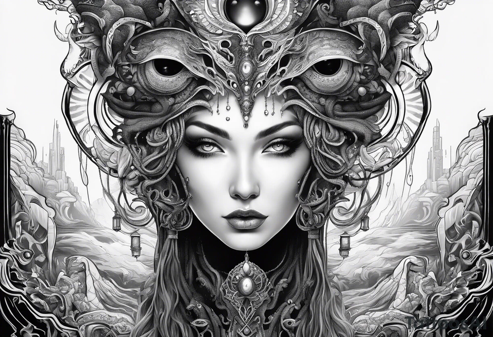Lovecraftian creature, flowing into more futuristic technology elements tattoo idea