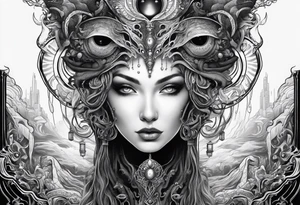 Lovecraftian creature, flowing into more futuristic technology elements tattoo idea