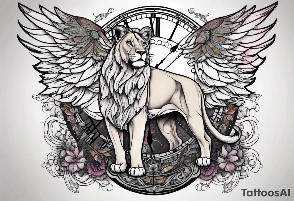 Lioness with wings clock tattoo idea