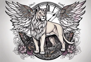 Lioness with wings clock tattoo idea