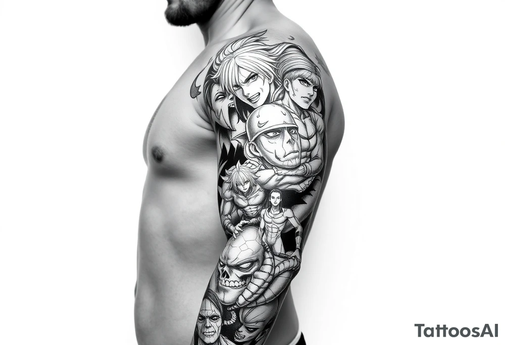 Battle royal anime sleeve with several characters from different Manga tattoo idea