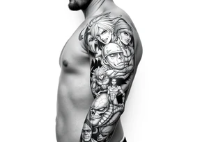Battle royal anime sleeve with several characters from different Manga tattoo idea