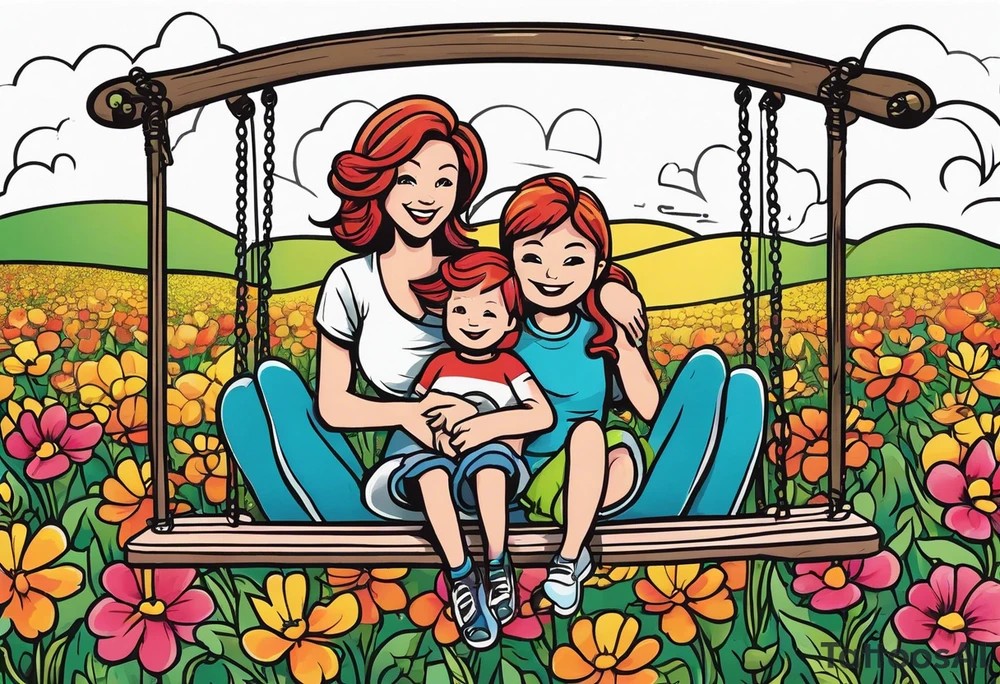 Mom with son and daughter on a swing in the distance in a field of flowers tattoo idea