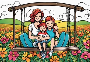 Mom with son and daughter on a swing in the distance in a field of flowers tattoo idea