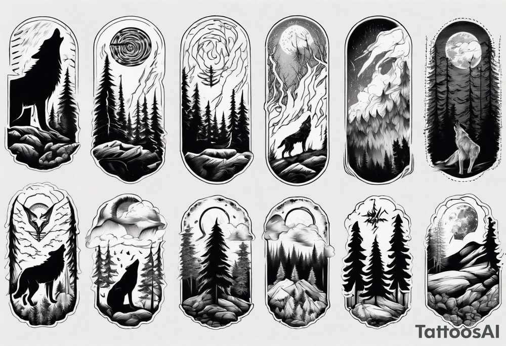 lightning over forest with wolf howling tattoo idea