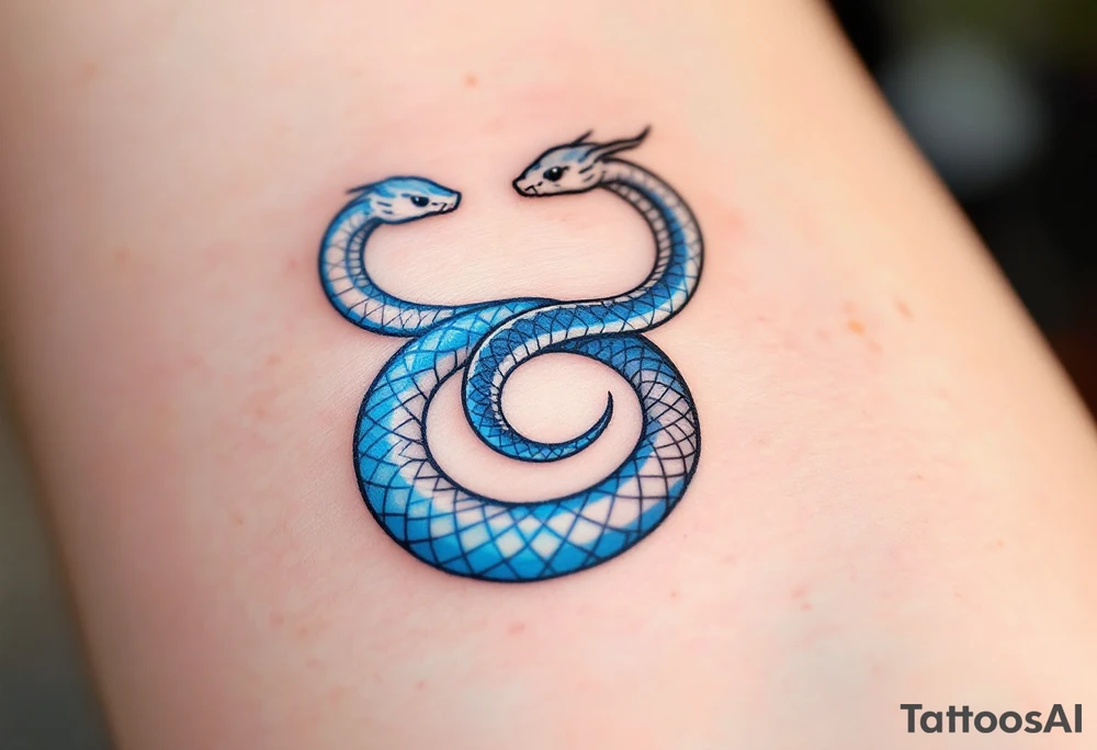 A minimalist twin snake design, one outlined in black and the other in electric blue, intertwined in a spiral. With word gemini tattoo idea