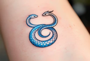 A minimalist twin snake design, one outlined in black and the other in electric blue, intertwined in a spiral. With word gemini tattoo idea