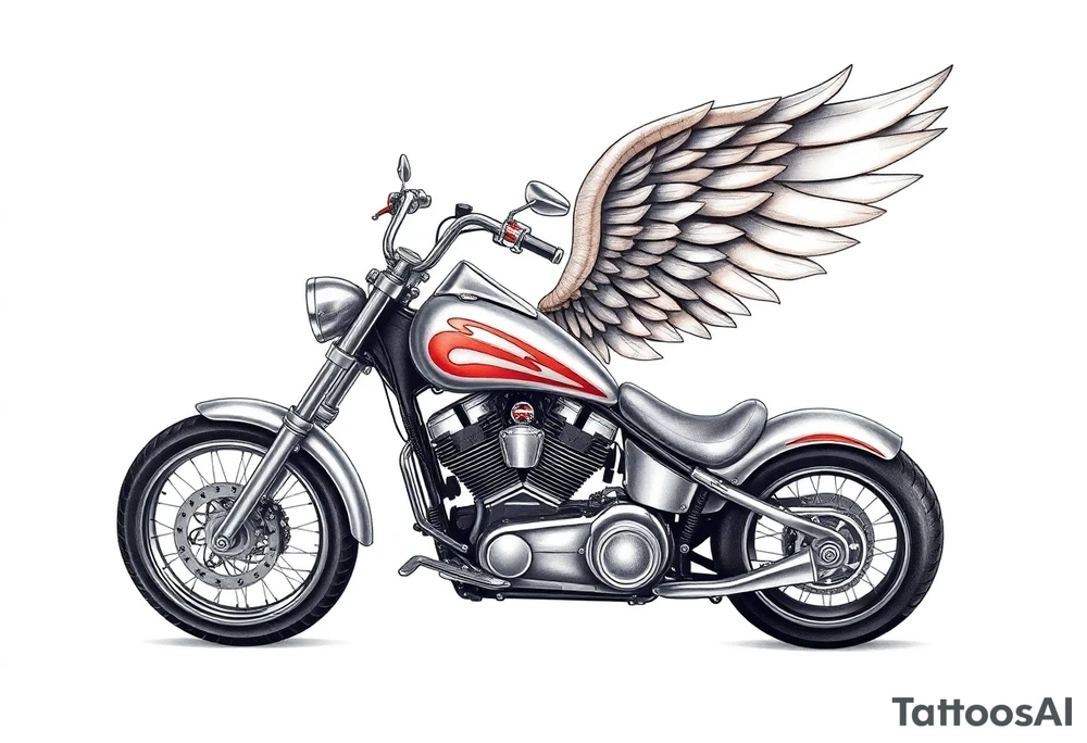 Low rider grey motorcycle, flames, angel wings tattoo idea