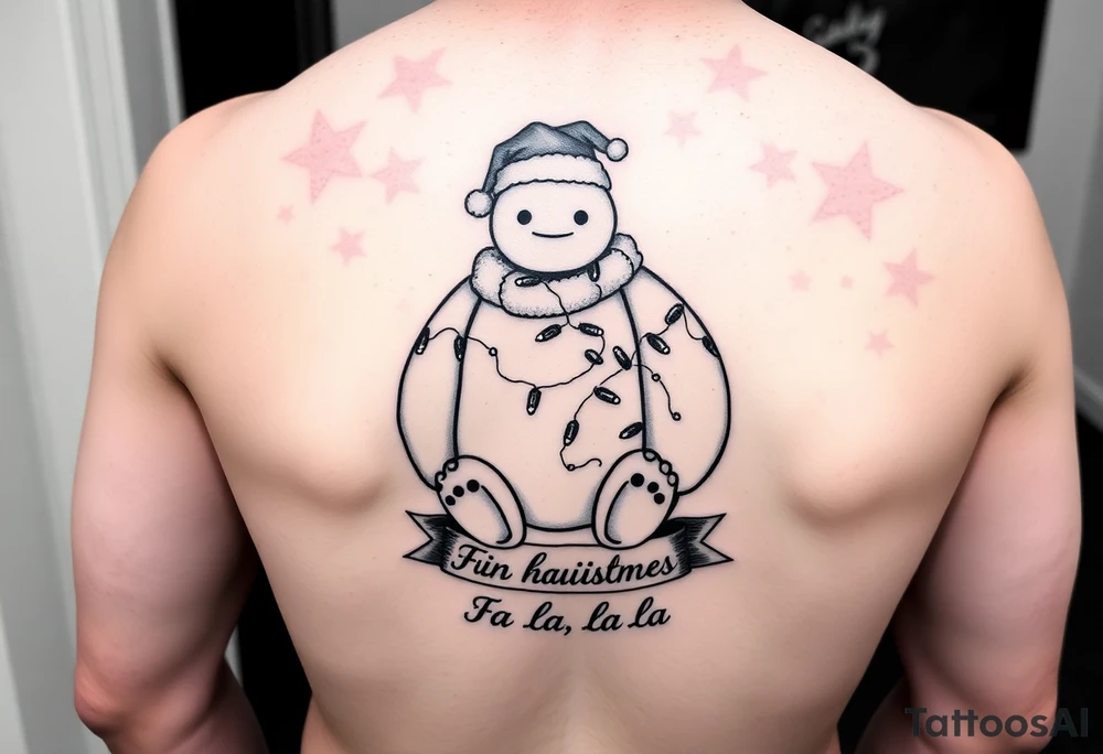 Disney Christmas themed sitting Baymax  wrapped up in Christmas lights and Santa hat with banner at bottom with "Fa-la-la-la-la" in script tattoo idea