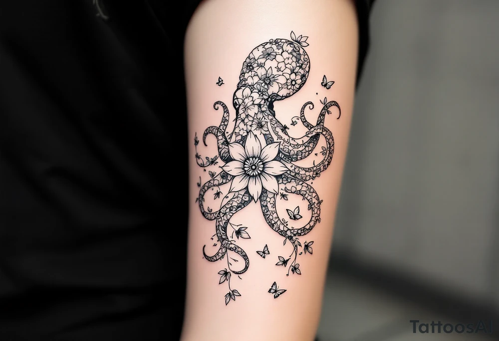 A fine-line tattoo design of a single octopus made entirely of flowers and butterflies. The octopus’s tentacles are shaped like flowing floral vines with leaves and petals, and its body is composed of overlapping blossoms and butterfly wings. Incorporate sacred geometry. The style is minimalist, elegant, and nature-inspired, with delicate black and grey lines, soft shading, and no outlines. No aquatic or marine elements besides the floral octopus. The design flows organically down the upper arm or shoulder, with a light, airy, and poetic feel, sacred, enlightened, divine patterns tattoo idea