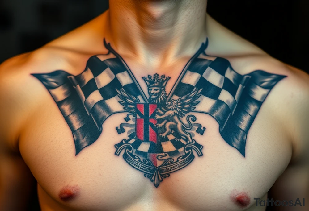 Racing flags, with a chessboard, smoke & a lion family crest tattoo idea