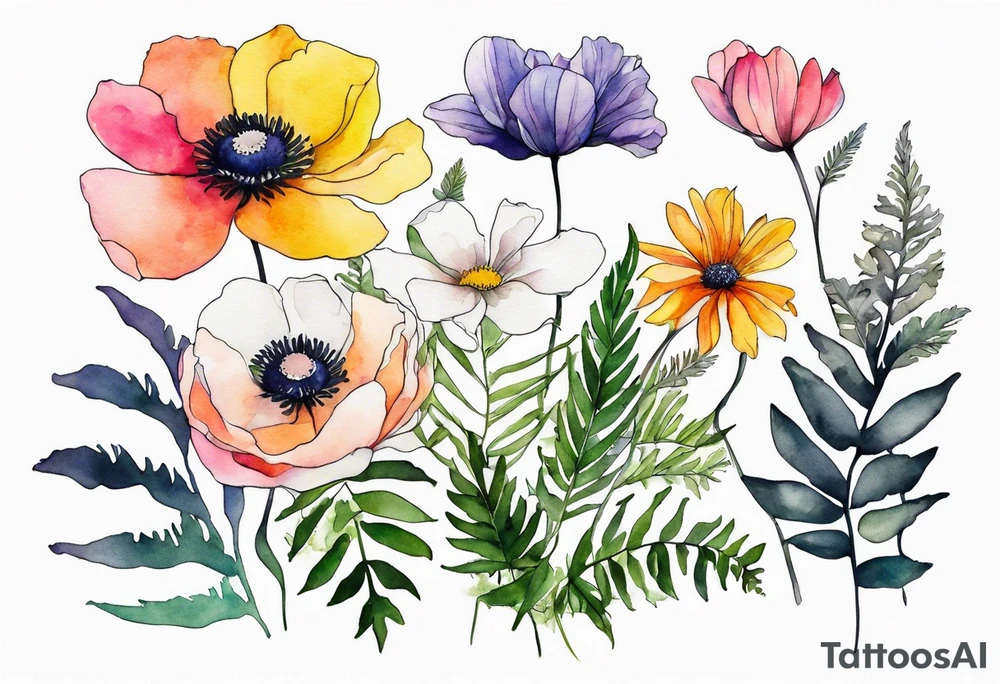 Minimalist Multicolored wild flowers with ferns and white anemone all watercolor tattoo idea