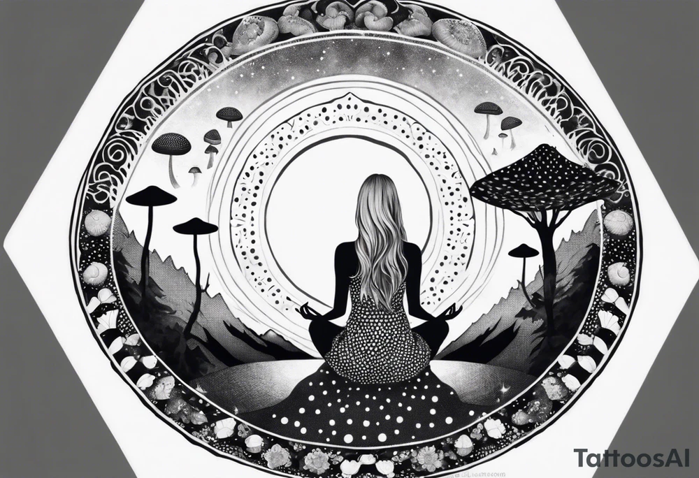 Straight blonde hair girl meditating facing away toward mountains surrounded by mushrooms crescent moon mandala circular design black and white striped dress tattoo idea